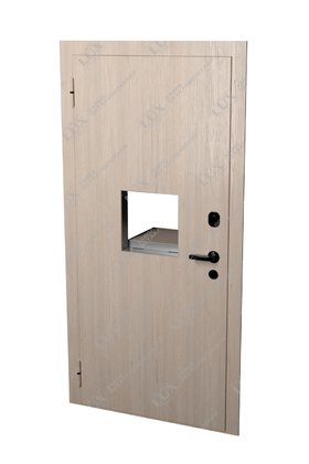 металлическая кассовая дверь с окошком (открывание внутрь), отделка ламинат